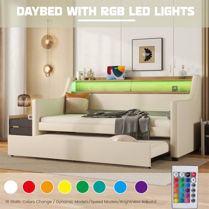 Modern Twin Size Upholstered Daybed with Trundle and Charging Station