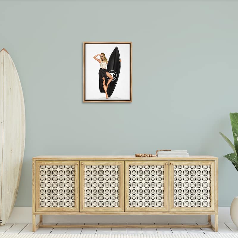 Stupell Trendy Surfer Girl in Black Framed Floater Canvas Wall Art Design By Ziwei Li