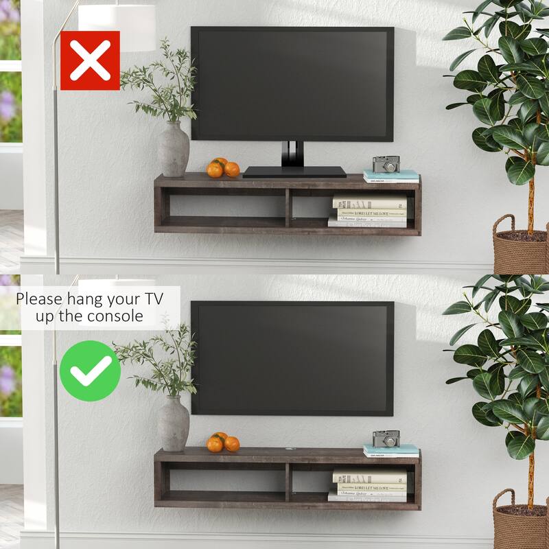 Wall Mounted Floating TV Console Dark Grey Wood Grain with Dual Open Shelves and Cable Management Modern Space Saving Design