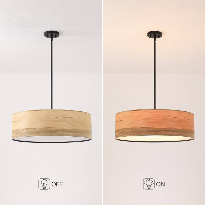 Breaux 5-Light Wood Veneer Drum Chandelier with Black Canopy - 24" Width