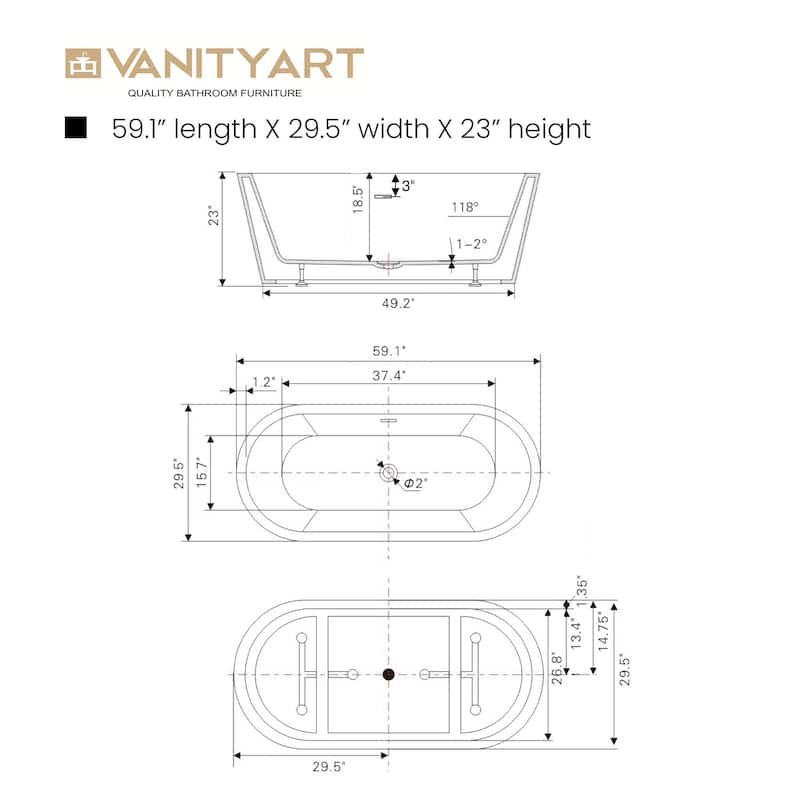 Vanity Art 59" Acrylic Freestanding Soaking Bathtub