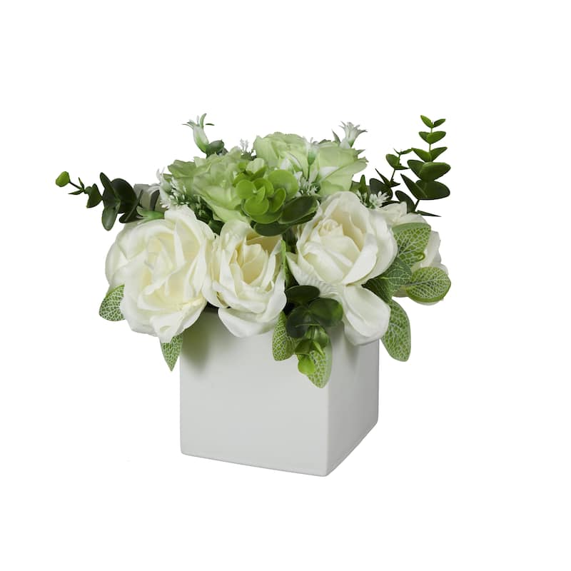 Fabric Artificial Flower with Green Leaves and Square Ceramic Vase - White - Roche River Decor - White