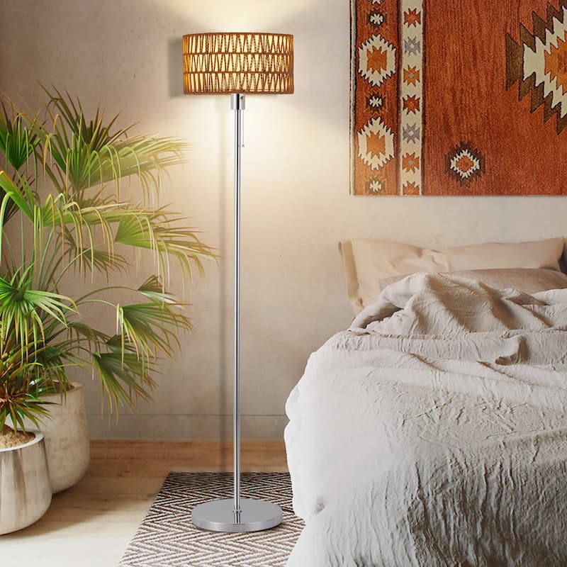 Netin 57" Coastal Bohemian Rattan Iron LED Floor Lamp with Pull-Chain, Adjustable 3 Color Temperatures