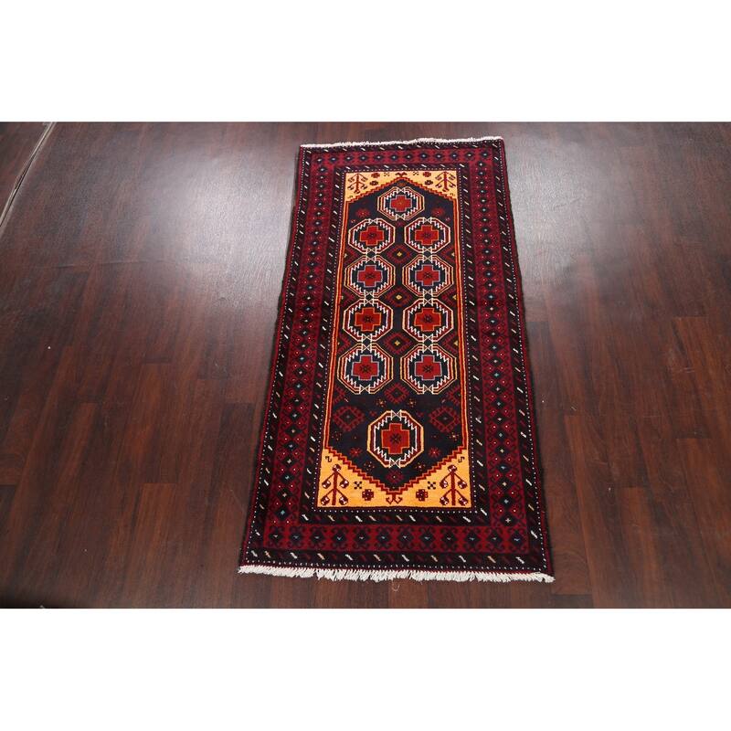 Geometric Balouch Persian Runner Rug Hand-knotted Wool Carpet - 3'3" x 6'7"