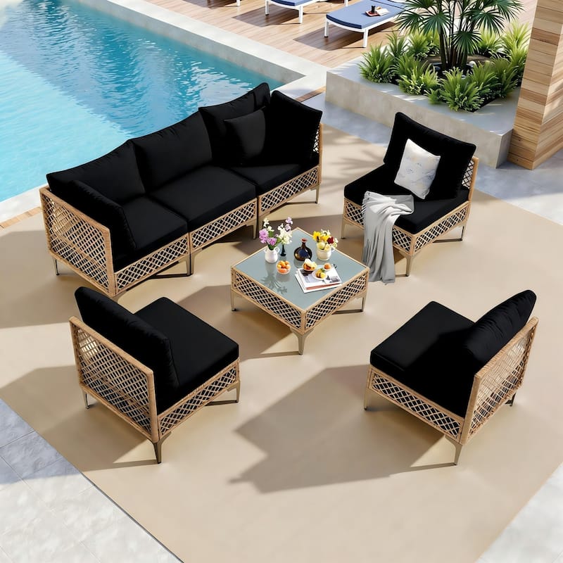 7-Piece Wicker Patio Conversation Set with Cushions,6 Sofas, 1 Table - Black