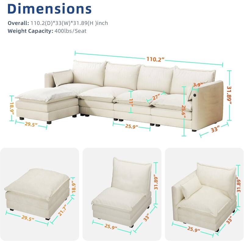 Modular Sectional Sofa L Shaped Couch, 3/4 Seat Sofa Set with Ottoman, Chenille Fabric