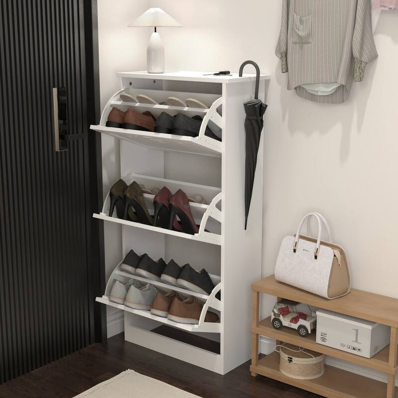 Wooden Shoe Cabinet for Entryway, White Shoe Storage Cabinet with 3 Flip Doors