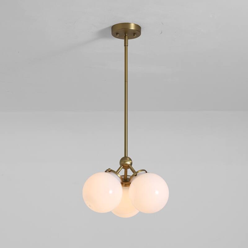 3-Light 14.2" W Mid-Century Modern Brushed Gold Chandelier with Opal Glass Bubble Globe Shades for Living Room, Bedroom - Gold/White - 14.2 in. W x 8.7 in. H x 14.2 in. D
