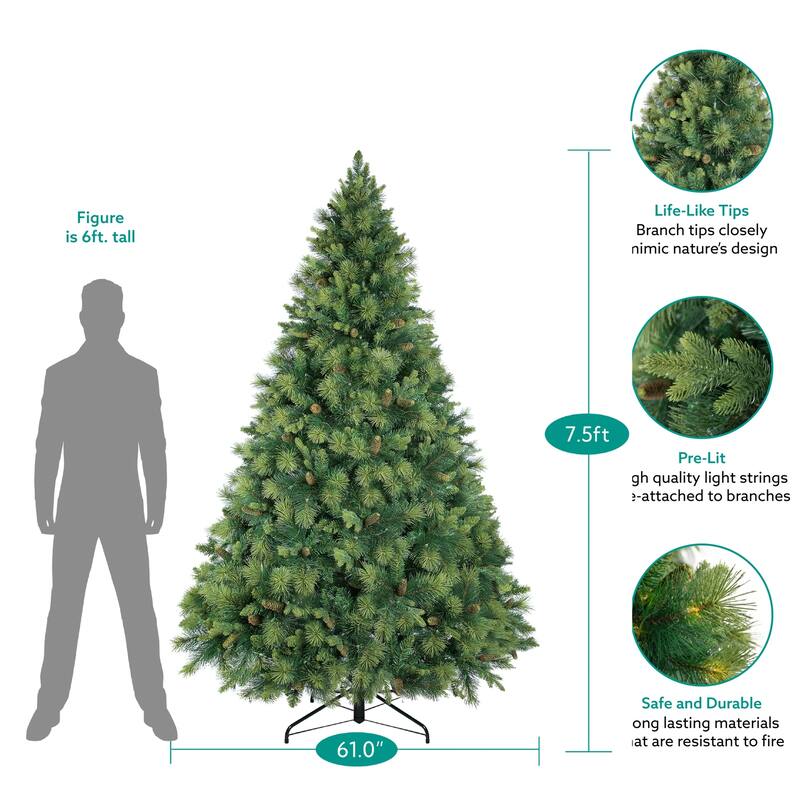 Real Tree Mimic Pre-Lit Artificial Christmas Tree with Fluffy PVC Branches, Folding Metal Base, and Easy 3-Step Assembly
