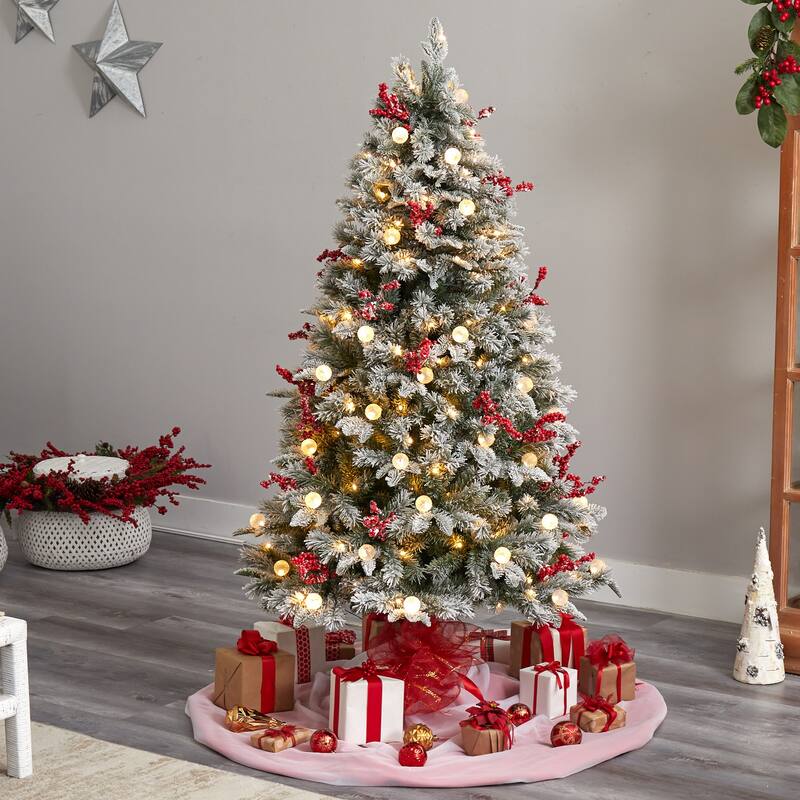 6’ Pre-Lit Flocked Artificial Christmas Tree, Warm Clear LED Lights - 6 Foot