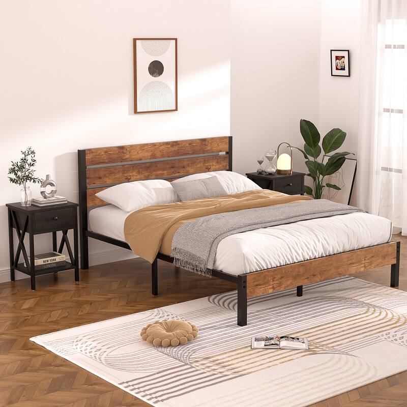 3-Pieces Bed Frame with Wood Headboard and Modern Nightstands Set of 2
