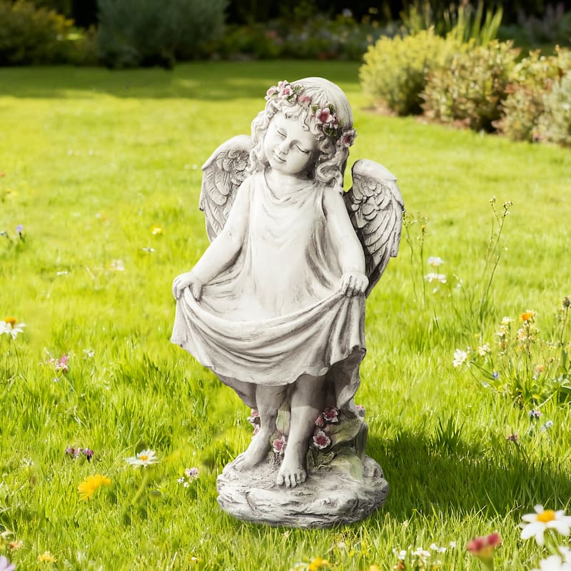 Glitzhome Vintage MgO Angel Distressed Garden Statue Sculpture with a Birdfeeder