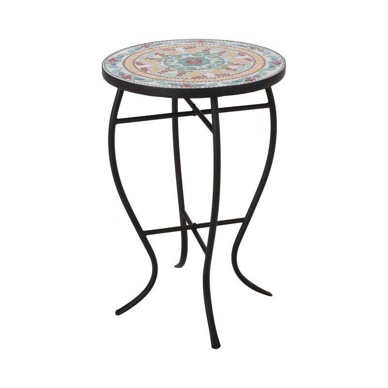 Roomfitters Round Mosaic Bistro Table, Outdoor Patio Side Table with Artistic Metal Base, Multicolor