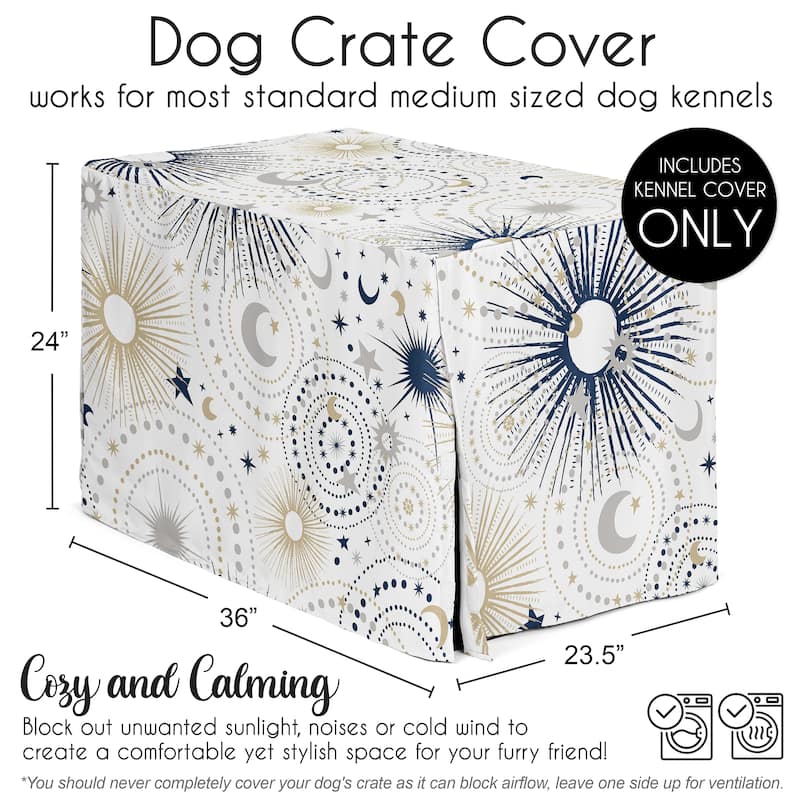 Sweet Jojo Designs Navy Blue Star and Moon Dog Crate Kennel Cover 36in. Gold Grey Celestial Sky Stars Gray Shabby Chic