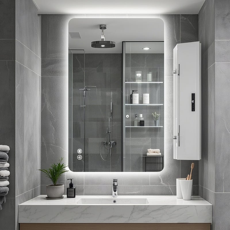 Square Rounded-Corner LED Anti-Fog Mirror, Suitable for a Variety of Styles