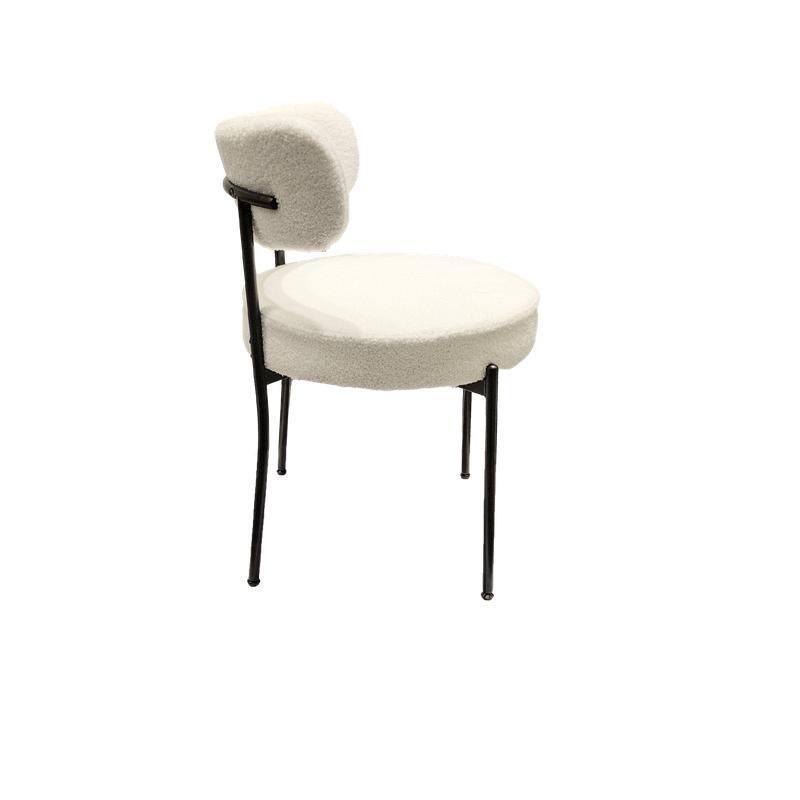 Mid-Century Modern Boucle Dining Chair - White Upholstered Curved Backrest with Black Metal Legs