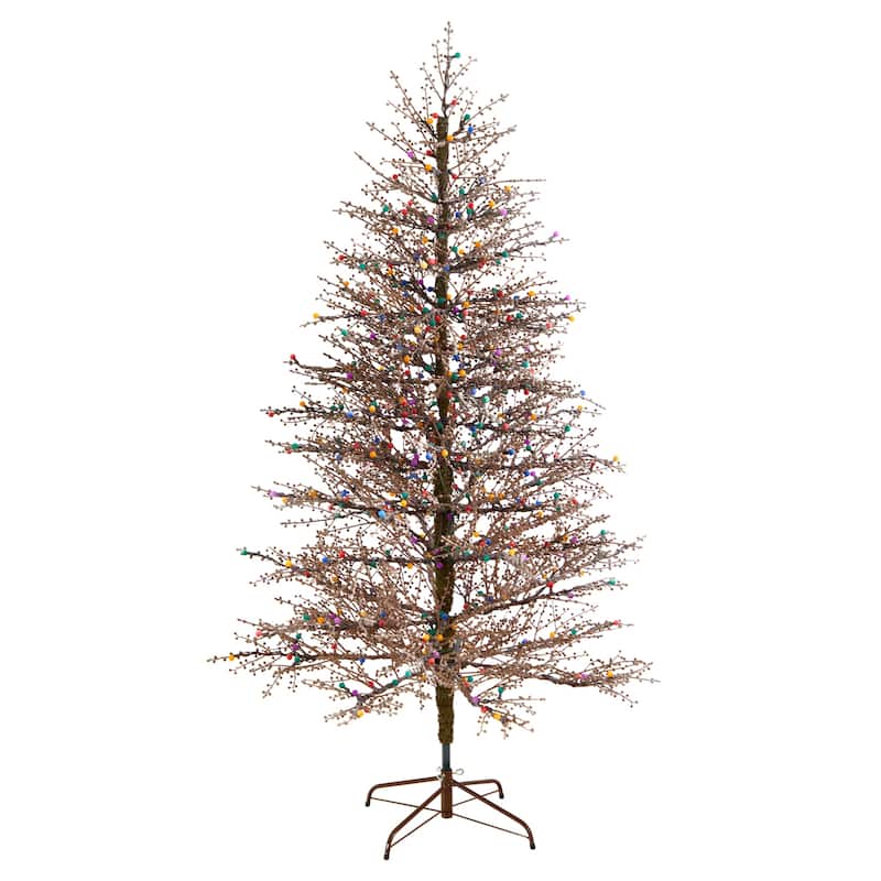 7ft. Frosted Berry Twig Artificial Christmas Tree with 450 Multicolor Gum Ball LED Lights & 1192 Branches - Vibrant X-Mas Tree