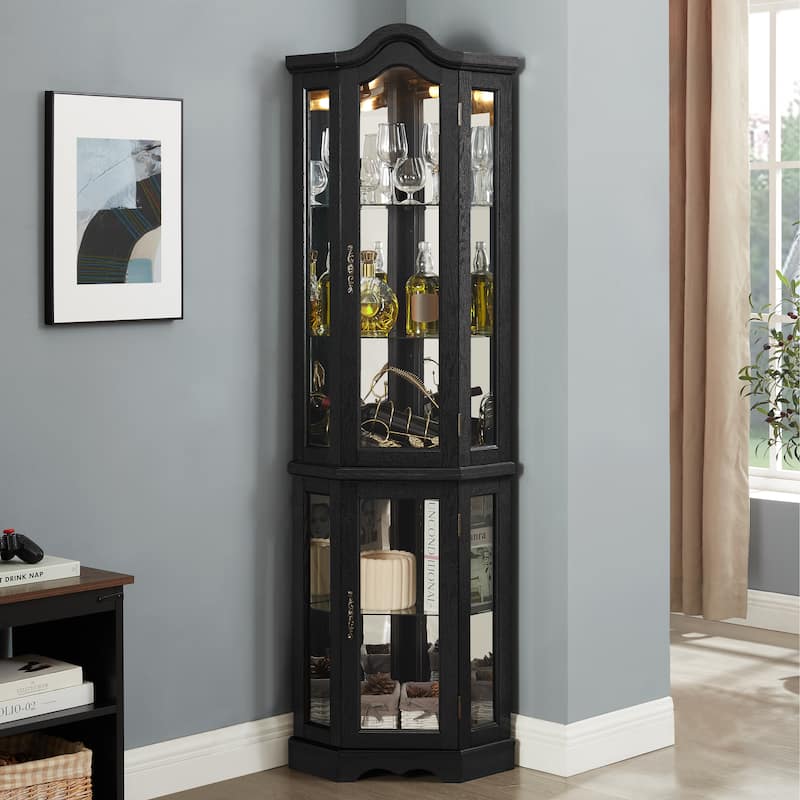 Lighted Corner Curio Cabinet, Freestanding Glass Display Cabinet, Wooden China Cabinet with Tempered Glass Doors & Shelves