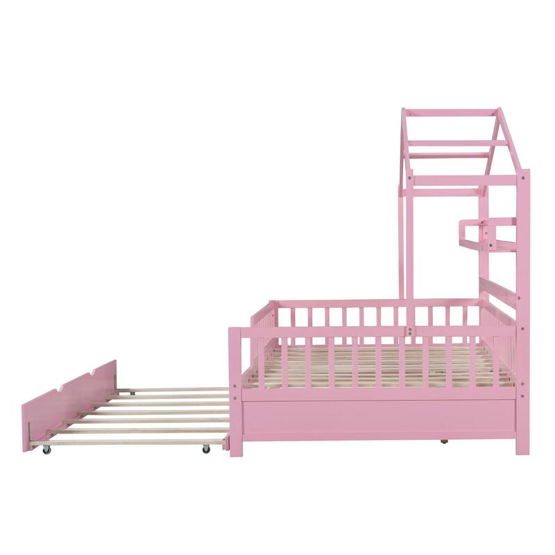 Cute Wooden Twin or Full House Bed with Trundle, Kids Bed Wood Platform Bed Frame with Safety Guardrail & Storage Shelf