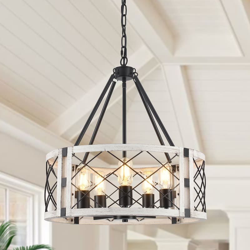5-Light Rustic Drum Chandelier for Living Room Kitchen with No Bulbs Included - Black+Antique Distressed Beige