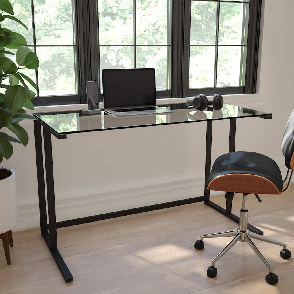 Glass Top Desk with Pedestal Metal Frame - Home Office Furniture