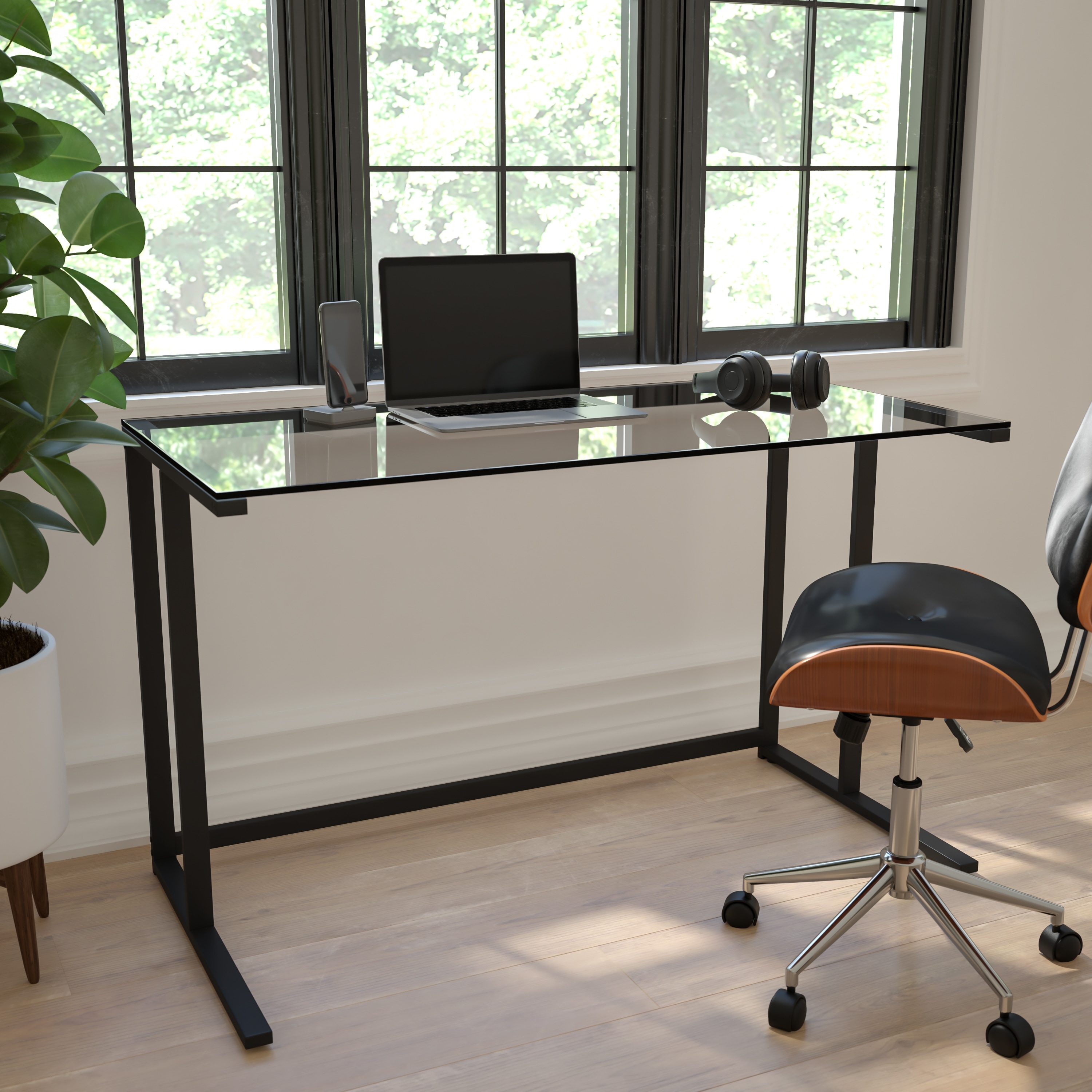 Glass Top Desk with Pedestal Metal Frame - Home Office Furniture
