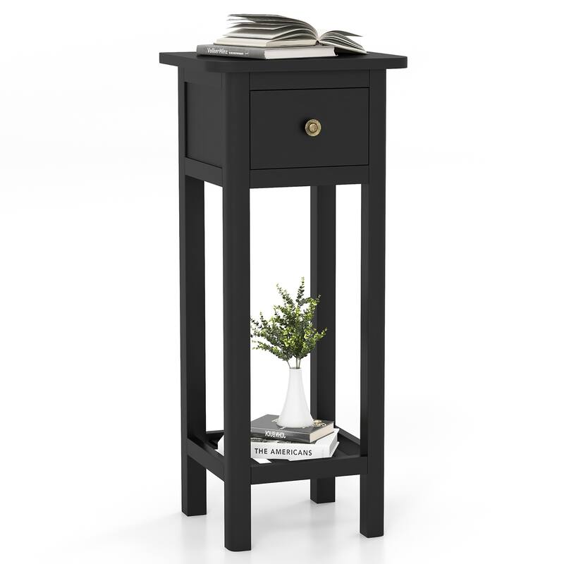 Gymax Solid Wood Side Table Rectangular Sofa Side Table w/ Acacia Wood - Black - MDF
