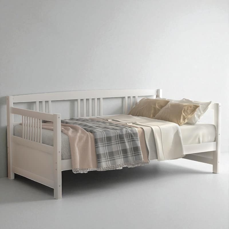 Modern Twin Size Solid Wood Daybed with 3-Sided Rail, Vintage Style Frame with Slats, Multifunctional Sofa Bed