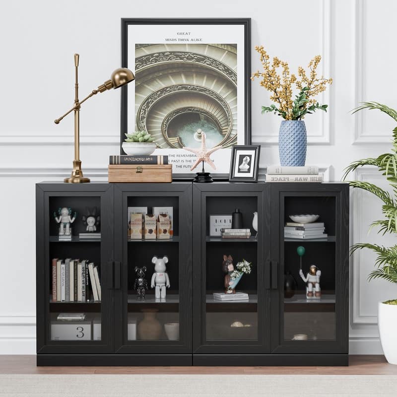 Large Sideboard Buffet Cabinet with 4 Glass Doors 2 Adjustable Shelves for Kitchen Living/Dinning Room Bedroom Entryway