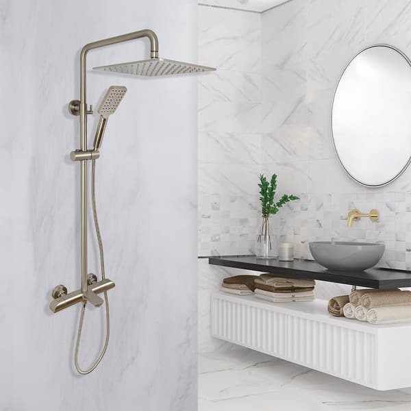 slide 2 of 29, Zen, Thermostatic Exposed Shower Pipe System, Square 10"x10" Rain Shower Head, 3 Functions Hand Shower and Tub Spout, 2.5 Gpm.