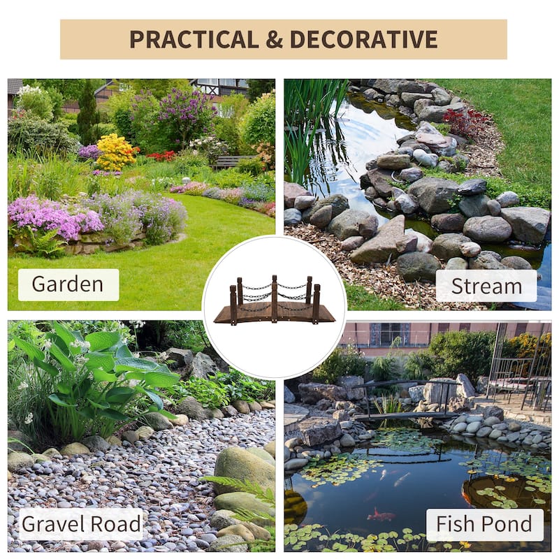 Outsunny 5ft Wooden Garden Bridge Arc Stained Finish Walkway with Chain Railings, Stained Wood
