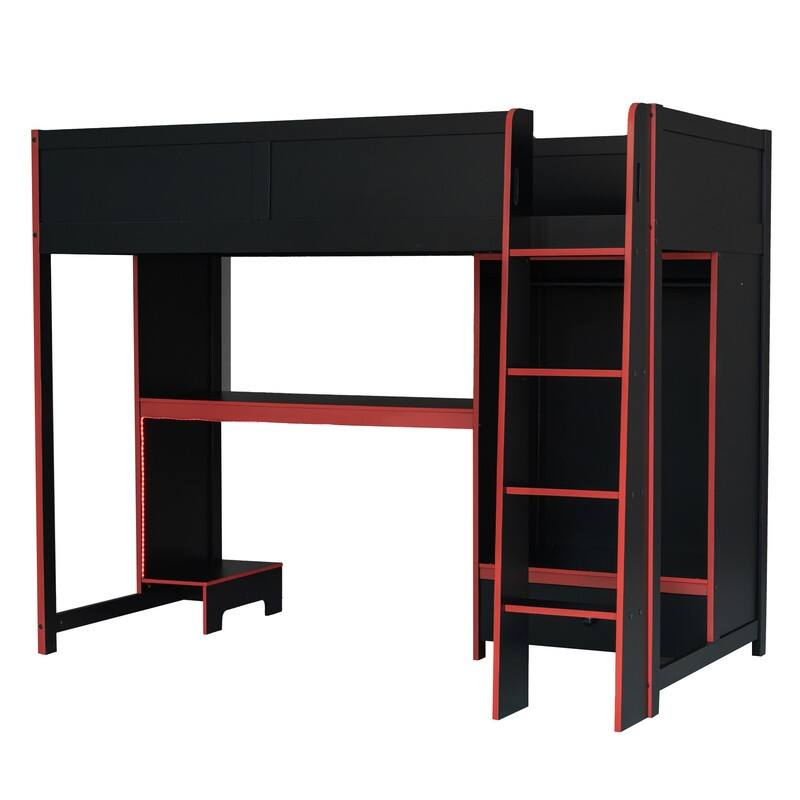 Twin/Full Size Gaming Bed with Built-in Desk & LED Light, E-Sports Style Wood Loft Bed with Open Wardrobe & Drawer