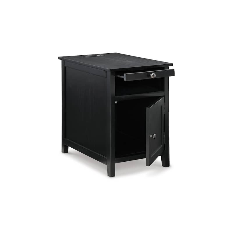 Gena Side End Table, Shelf and Pull Out Tray, Black Solid Wood 24 Inch