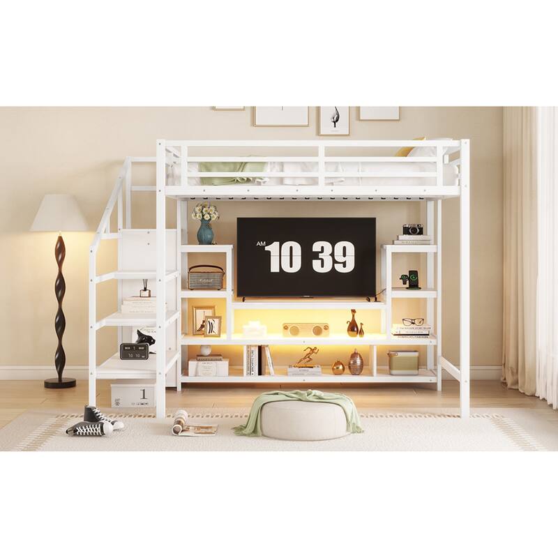 Roomfitters Full Metal Loft Bed, Staircase Storage and TV Stand with Wardrobe for Bedroom, White