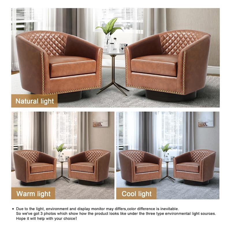 2 Set Tufted PU Vegan Leather Swivel Barrel Chair with Nailheads Trim