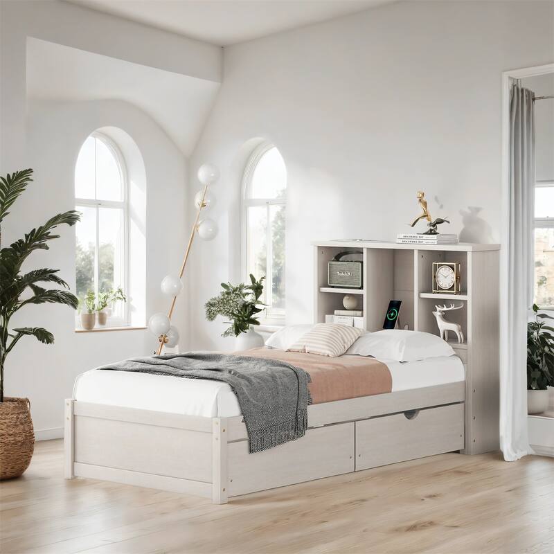 Twin Size Bed Frame With Built-in USB Port on Bookcase, 2 Drawers