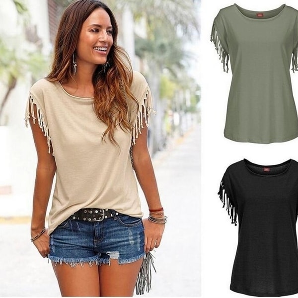 Fashion Summer Solid Tassel T-Shirts Top for Women +Necklace G1