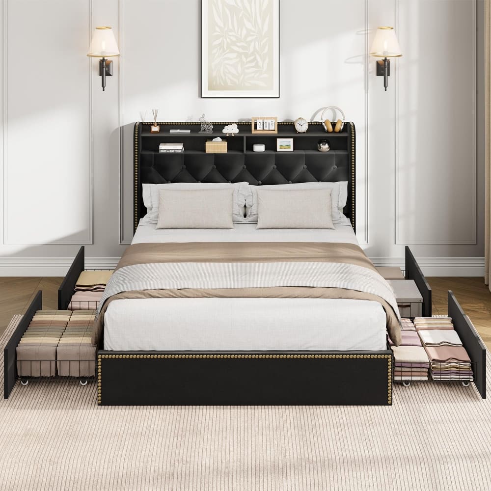 Velvet Bed Frame with 4 Storage Drawers