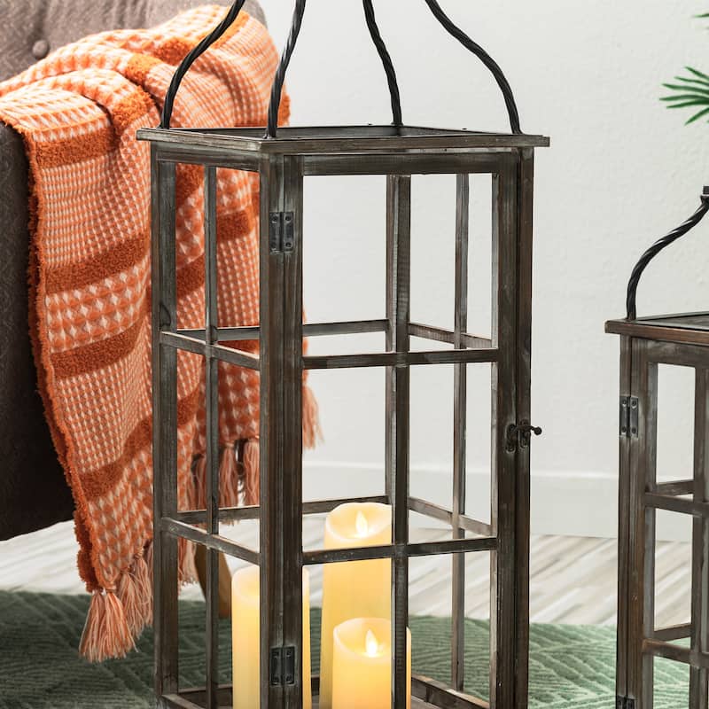 Glitzhome Farmhouse Wooden Metal Cage Candle Holders Patio Hanging Vintage Lanterns (Set of 2)