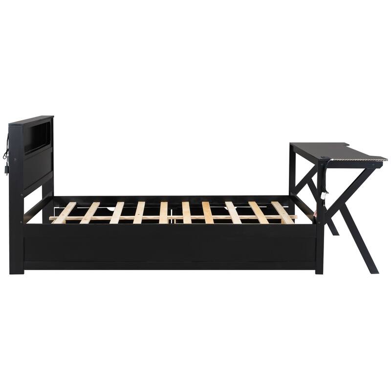 Wooden Gaming Platform Bed with LED Headboard, LED Desk, USB and 2 Storage Drawers, Black Bed Frame