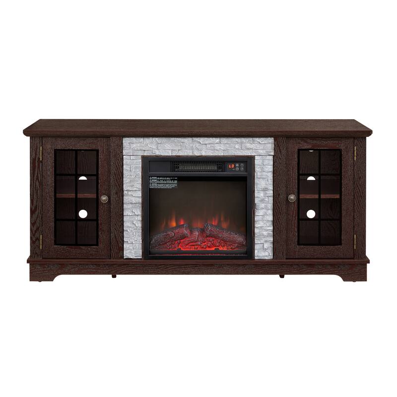 GDFStudio Eulalia Wood 2-Door Storage TV Stand with Faux Stone Mantle