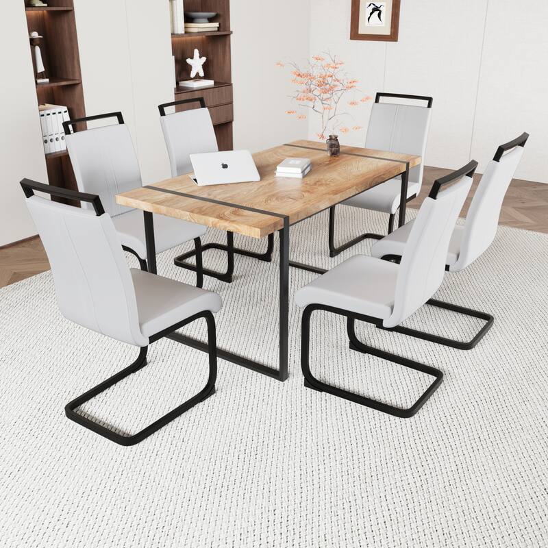 7-Piece Dining Table Set with Wood Grain Tabletop, Chair with C-shaped Bases, Ergonomically Curved Backrest
