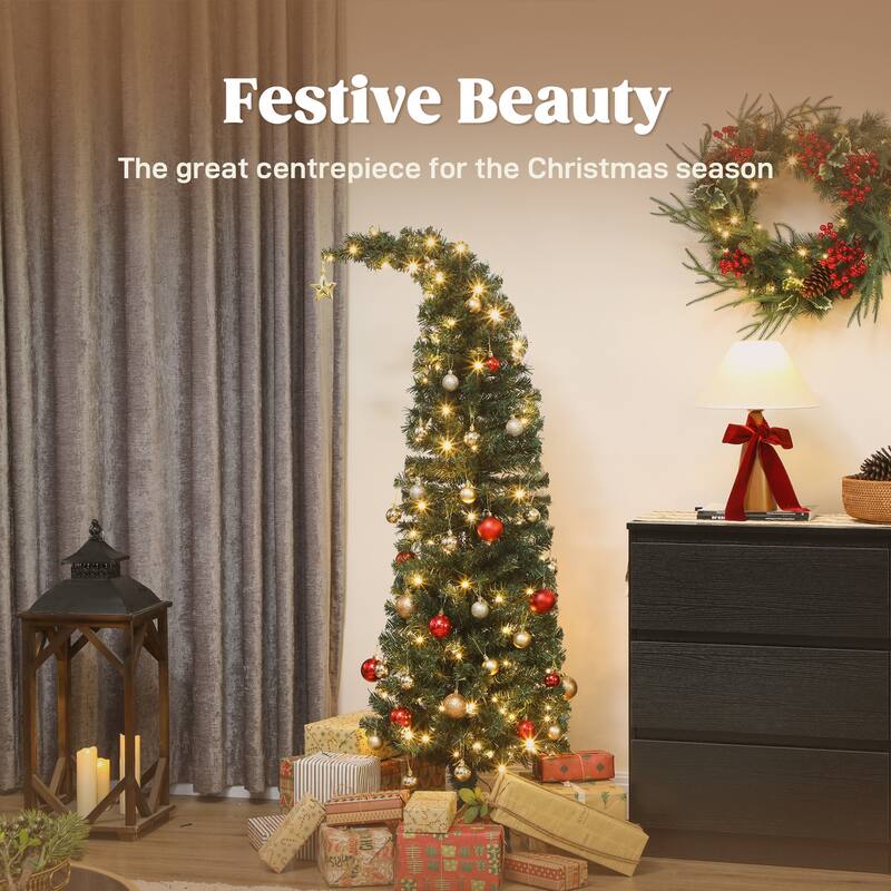 5 ft Prelit Bent Top Christmas Tree, Whimsical Xmas Tree Slim High Mountain Fir with 300 LEDs and Metal Stand