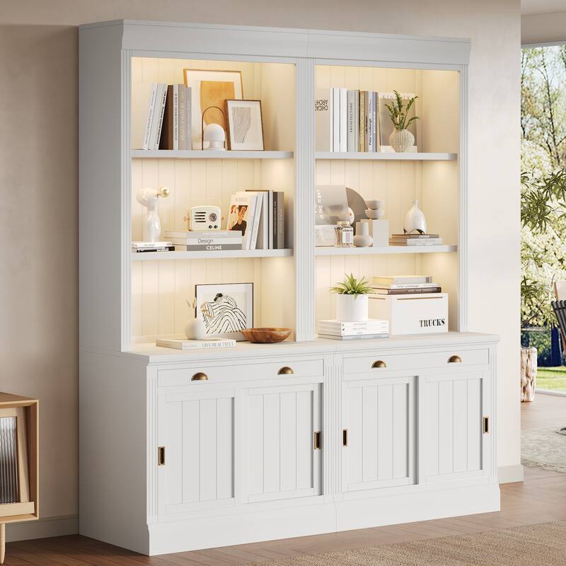 83.4" Modern LED Bookshelf with Sliding Doors & Open Shelves - Space-Saving Storage Bookcase for Living Room and Home Office - White + Solid Wood+MDF*2
