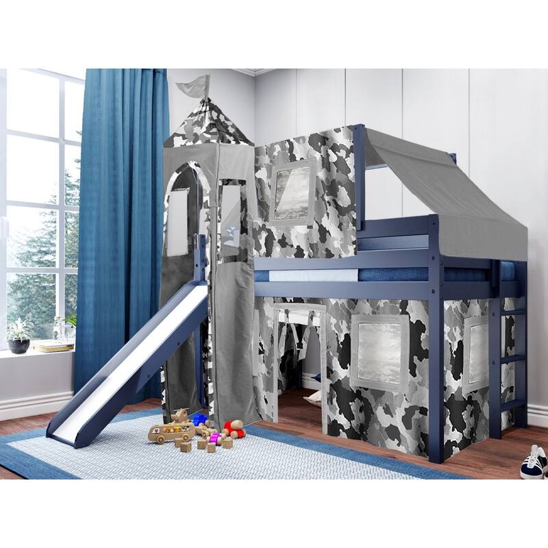 JACKPOT Prince & Princess Low Loft Twin Bed, Ladder Slide Tent & Tower