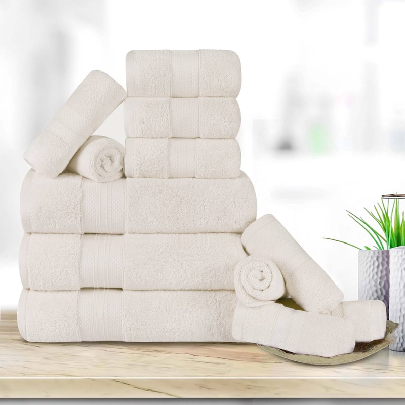 Superior Turkish Cotton 12 Piece Solid Plush Heavyweight Towel Set - Ivory