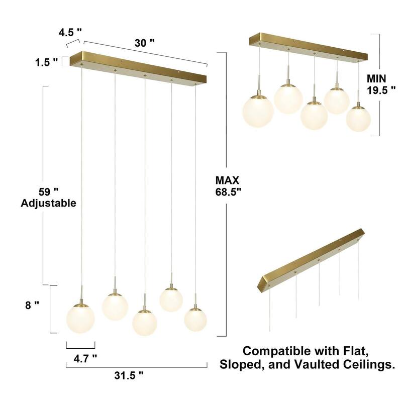 Icey Mid-Century Modern Gold LED Chandelier 31.5" 5-Light Linear Island Lights for Dining Room - 31.5" L x 4.7" W x 8" H