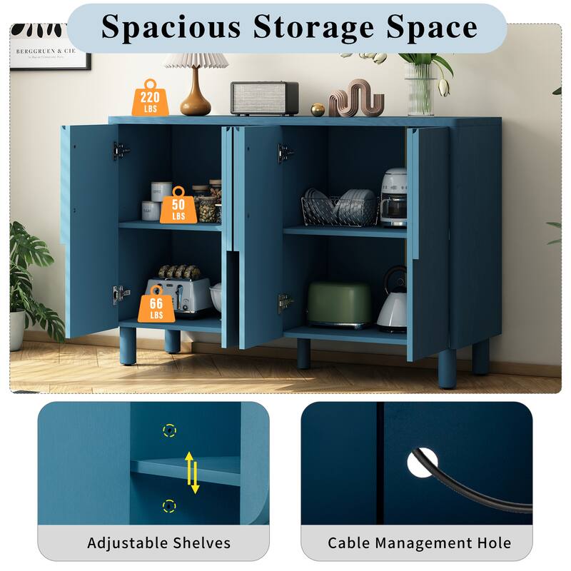 Modern 4-Door Buffet Cabinet with Arc Handles and Adjustable Shelves, for Dining Room, Kitchen and Living Room, Navy