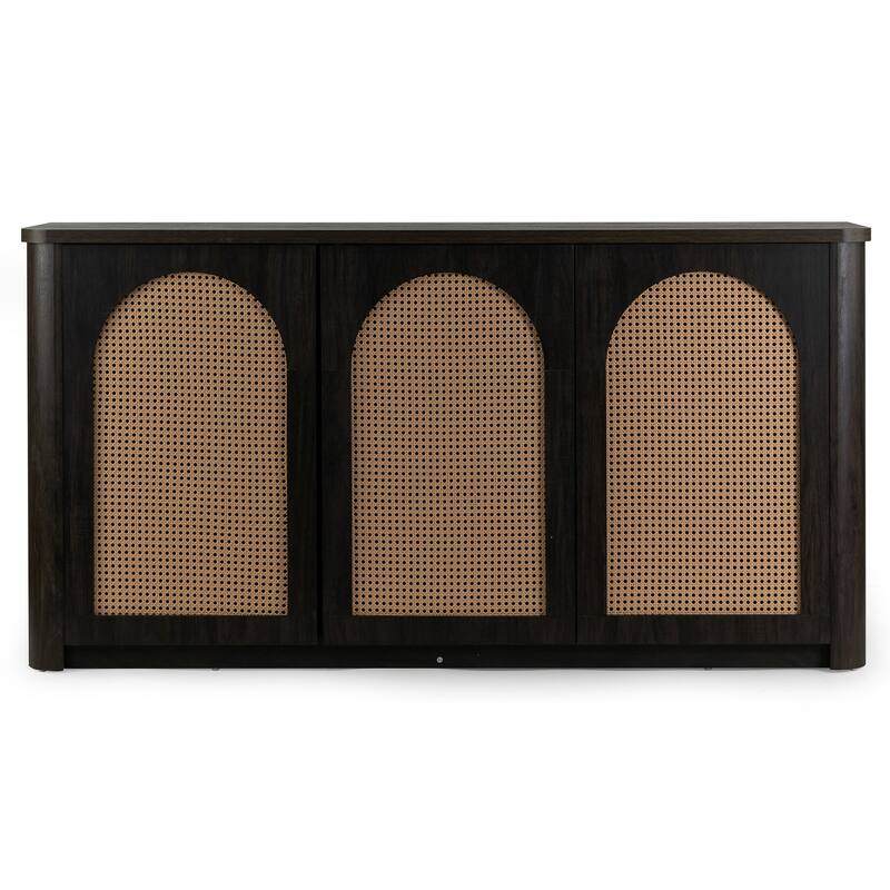 Bistra Brown Three Door Walnut Wood Sideboard with Rattan Doors