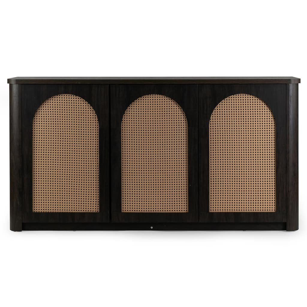 Bistra Brown Three Door Walnut Wood Sideboard with Rattan Doors